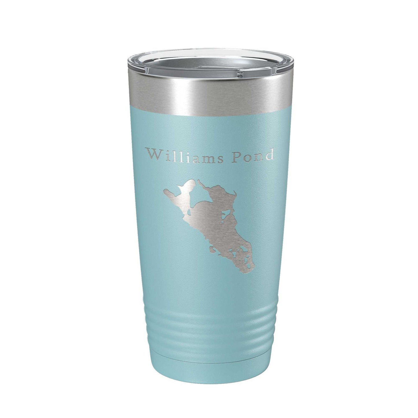 Williams Pond Tumbler stainless steel insulated travel mug with laser-etched lake map and clear lid, 20 oz capacity