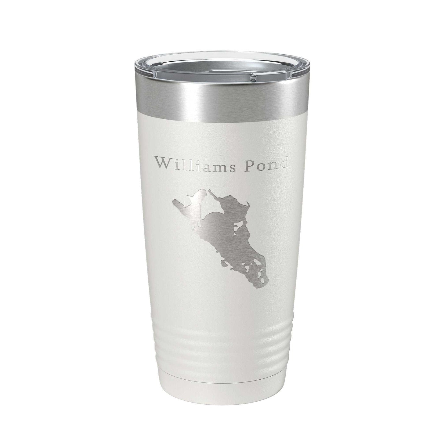 Williams Pond Tumbler stainless steel insulated travel mug with laser engraved lake map and clear lid, 20 oz capacity