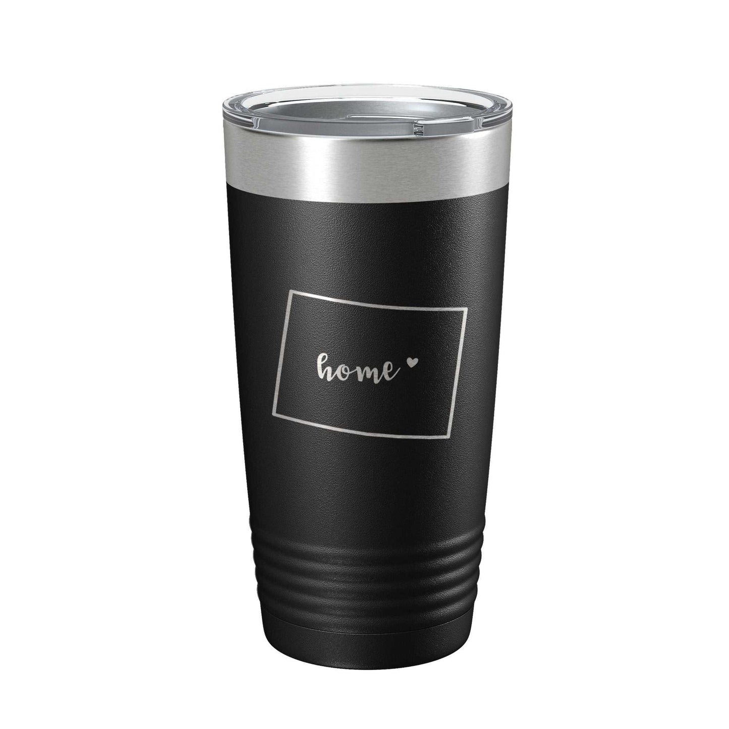 Wyoming Tumbler Home State travel mug with laser-etched map, insulated stainless steel coffee cup, 20 oz capacity, clear lid with straw hole.