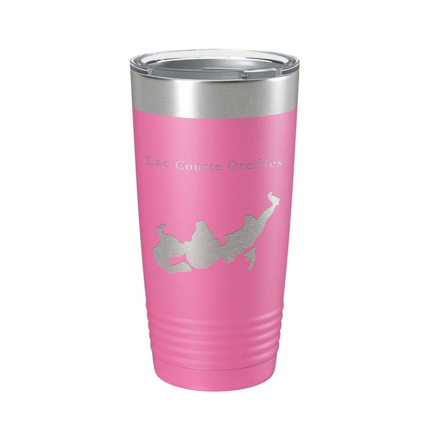 Pink Lac Courte Oreilles Tumbler with laser-engraved lake map, stainless steel travel mug with clear lid, 20 oz insulated coffee cup