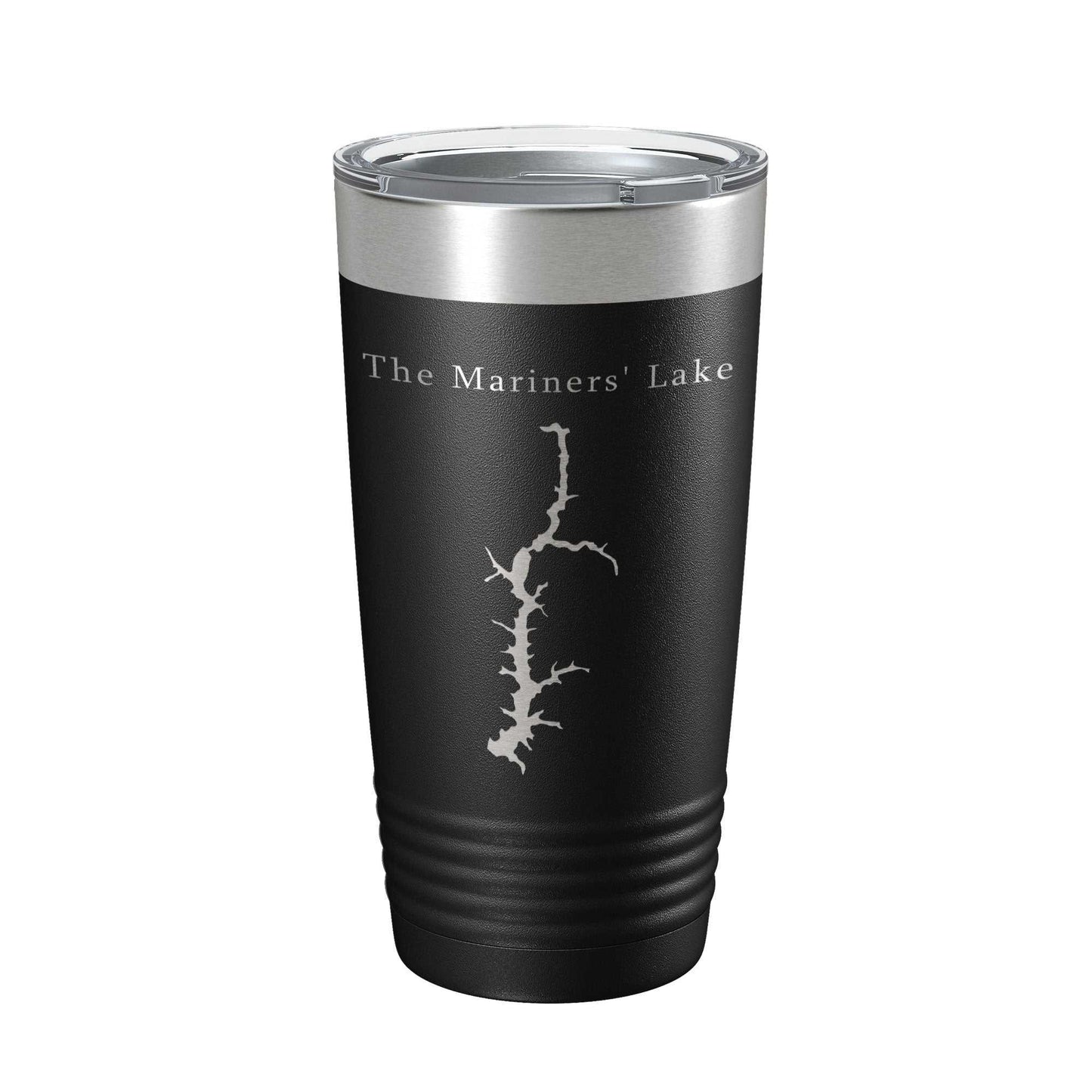 Black stainless steel insulated tumbler with Mariners' Lake map laser engraved and clear lid, 20 oz travel coffee mug