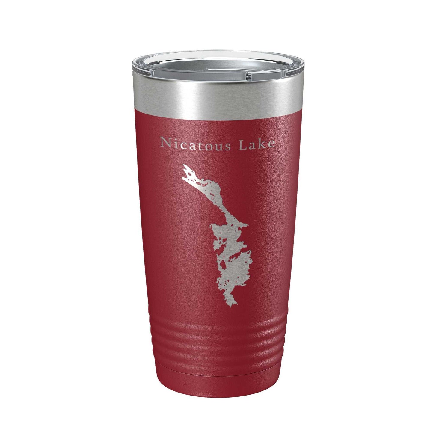 Red Nicatous Lake Map laser-engraved stainless steel insulated travel tumbler with clear lid, 20 oz.