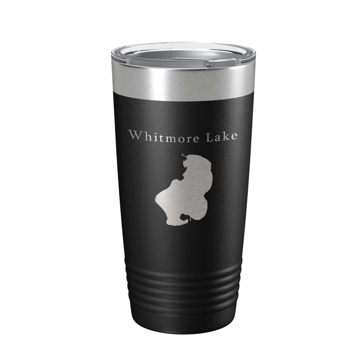 Black Whitmore Lake Map Tumbler travel mug with laser-engraved design, stainless steel insulated coffee cup, 20 oz capacity, clear lid with straw-friendly opening.