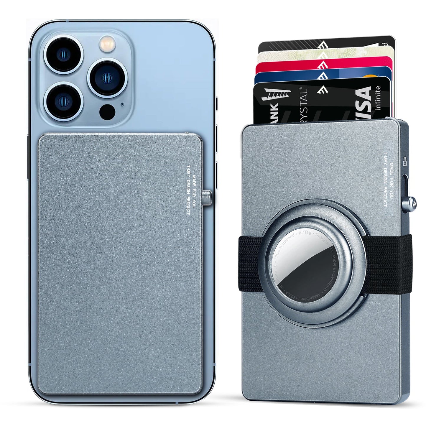 All-aluminum pop up slide RFID slim card holder wallet with AirTag holder and quick access design attached to a smartphone.