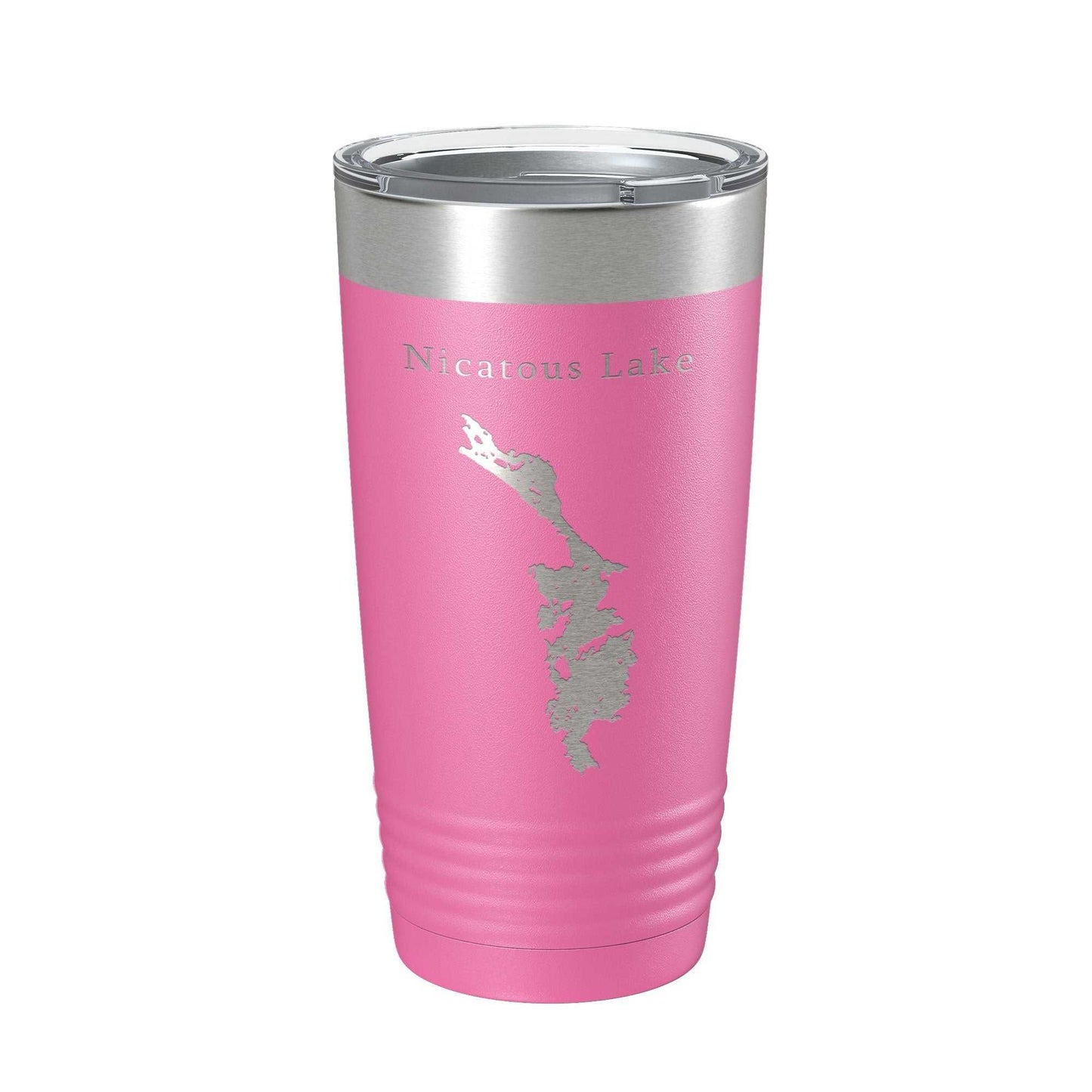 Pink Nicatous Lake map laser engraved insulated stainless steel travel tumbler with clear lid, 20 oz capacity
