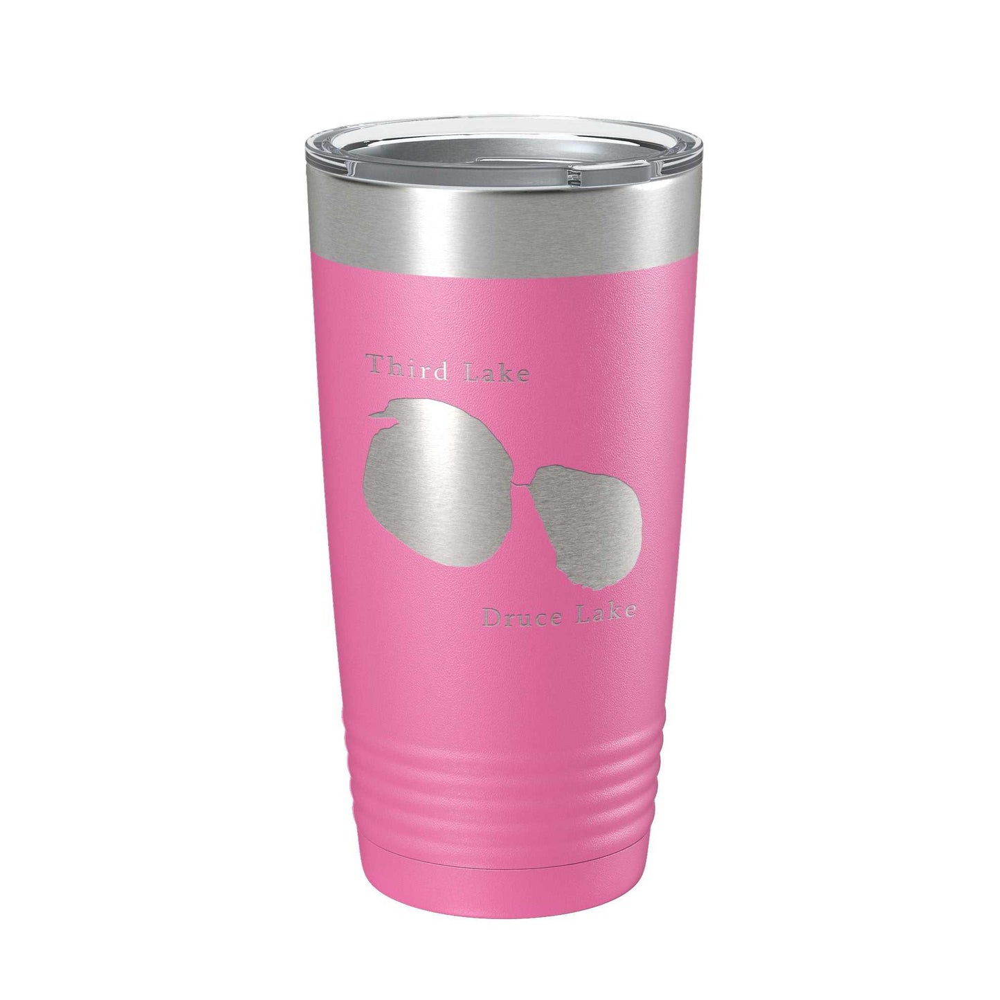 Pink insulated travel mug with laser-etched Third and Druce Lakes map and clear lid, 20 oz stainless steel tumbler