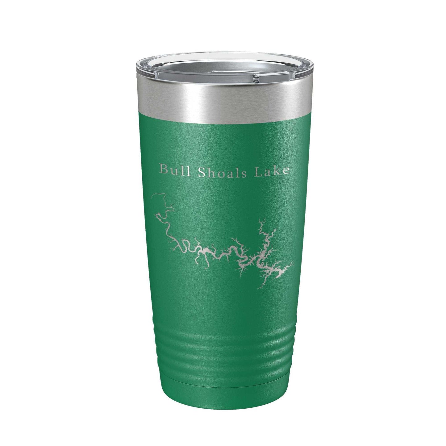 Green insulated travel tumbler with laser-engraved Bull Shoals Lake map and clear lid, 20 oz stainless steel mug