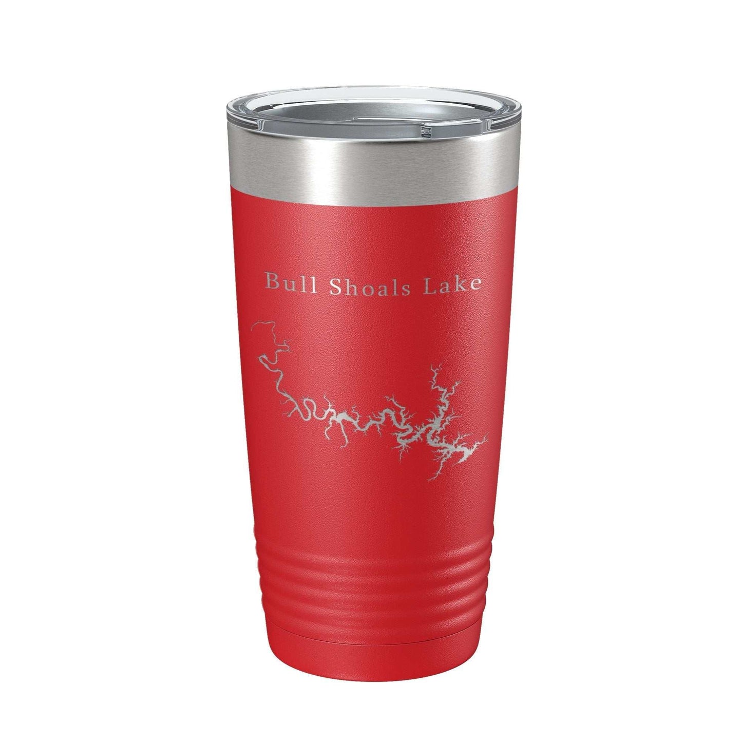 Red insulated stainless steel travel tumbler with laser-engraved Bull Shoals Lake map and clear lid, 20 oz capacity