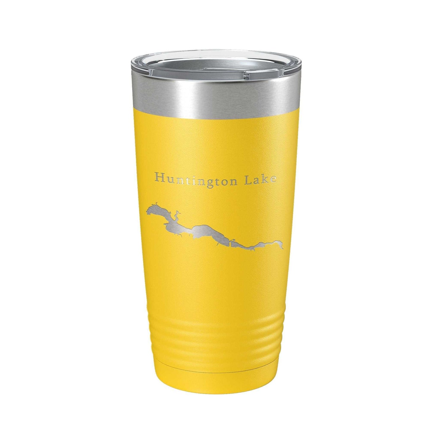 Yellow insulated stainless steel travel mug with Huntington Lake map laser engraved and clear lid, 20 oz capacity