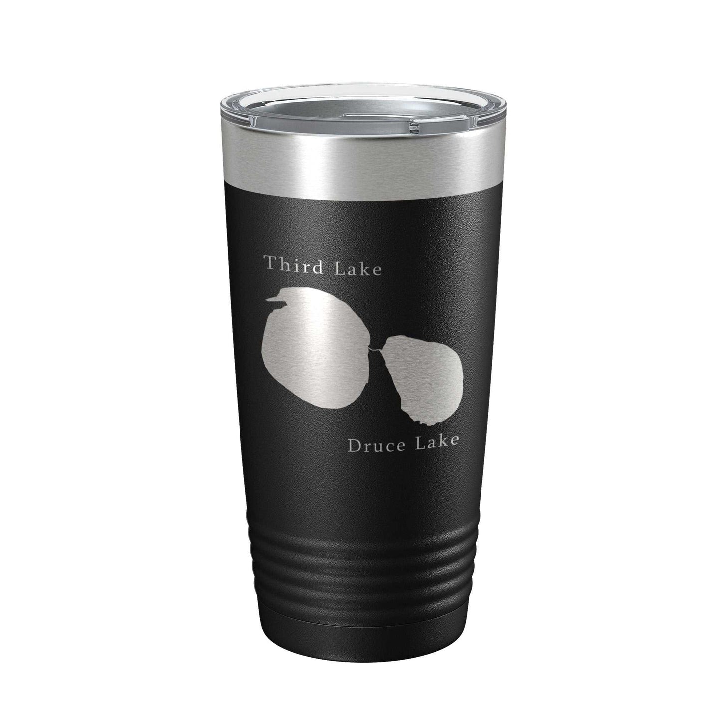Black stainless steel tumbler with laser-engraved Third and Druce Lakes map, clear lid, and double-wall insulation.
