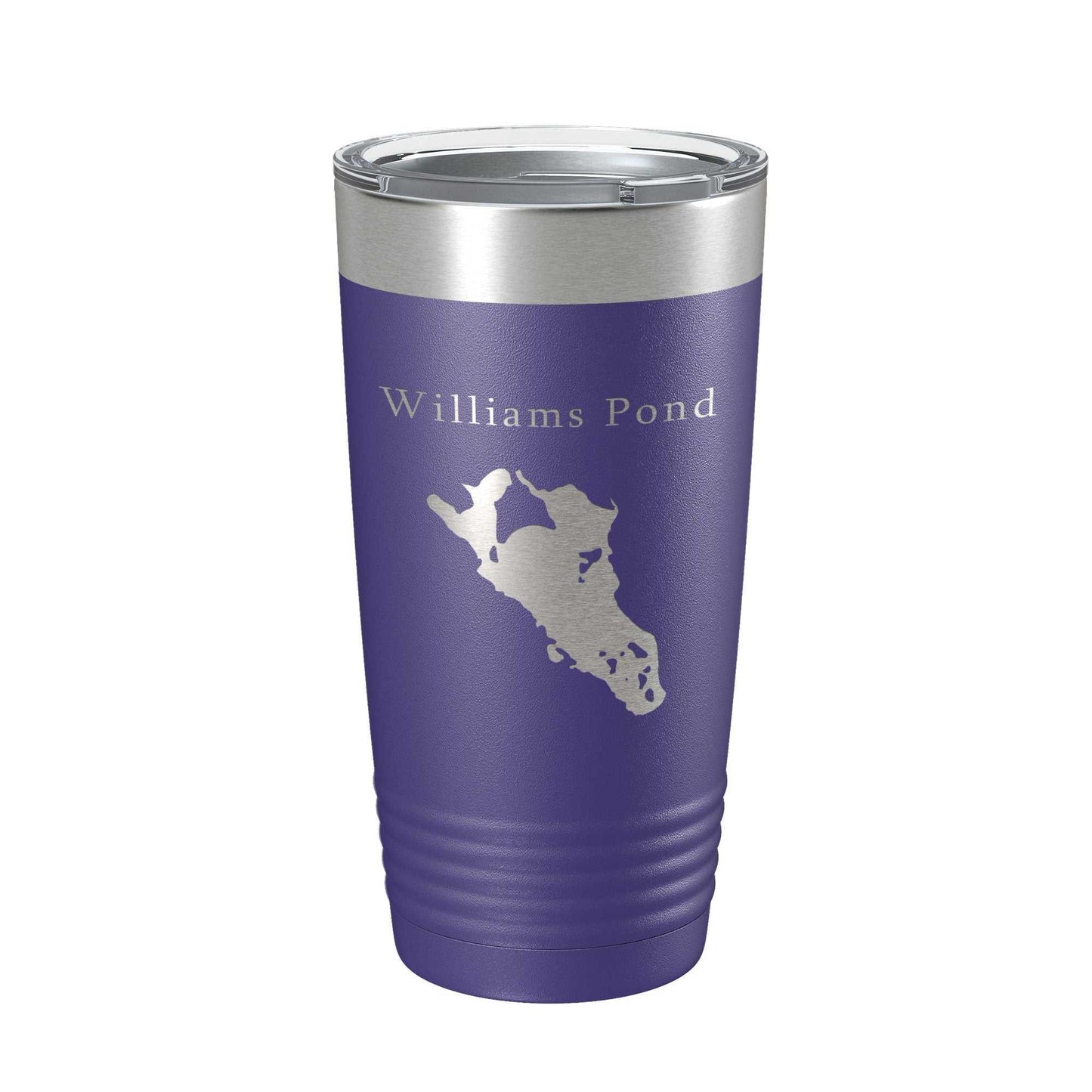 Purple Williams Pond Tumbler with laser-engraved lake map, stainless steel travel mug with clear lid, 20 oz capacity, insulated for hot and cold drinks