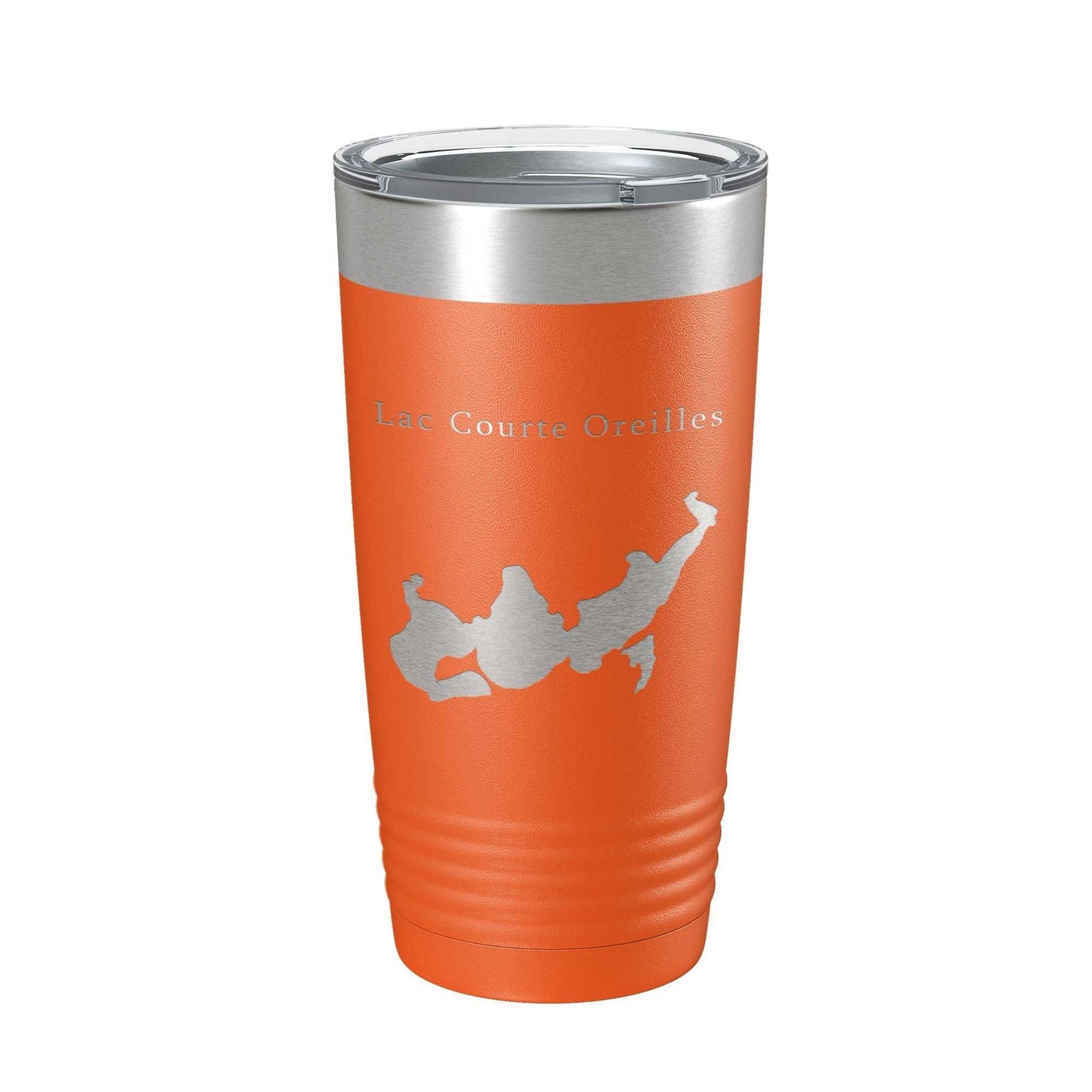 Orange Lac Courte Oreilles Tumbler with laser engraved lake map, stainless steel insulated travel mug with clear lid, 20 oz capacity