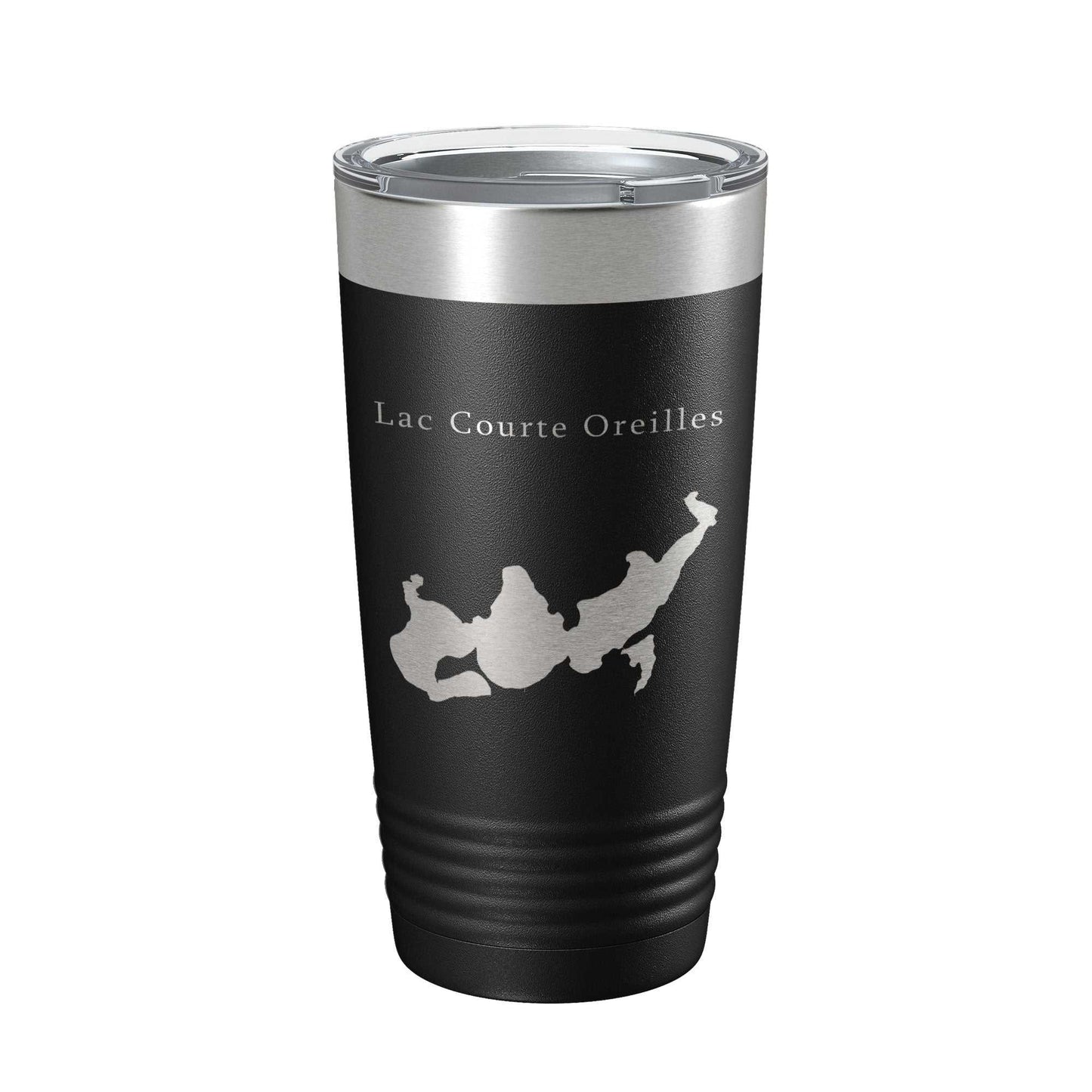 Black Lac Courte Oreilles Tumbler with laser-etched lake map, double-wall insulated stainless steel travel mug with clear lid, 20 oz.