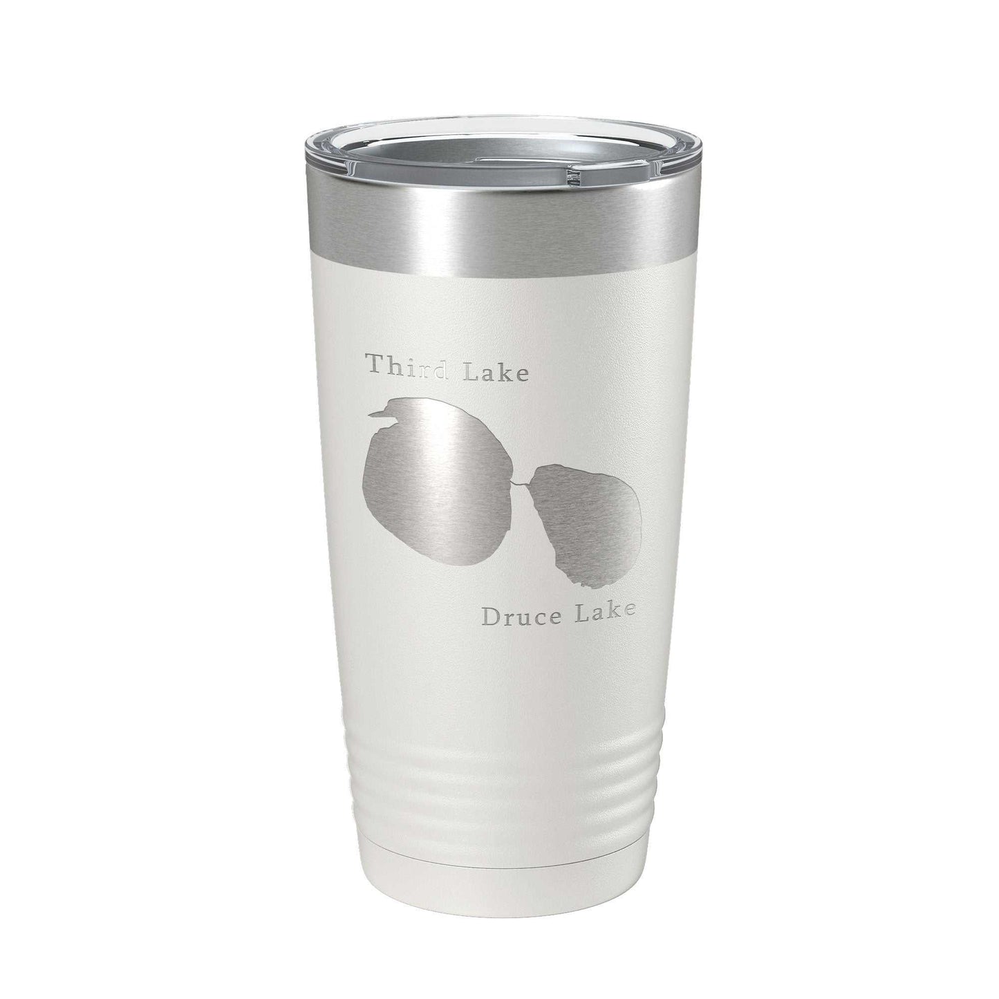 Stainless steel insulated travel mug with laser engraved Third and Druce Lakes map design, clear lid, 20 oz capacity.