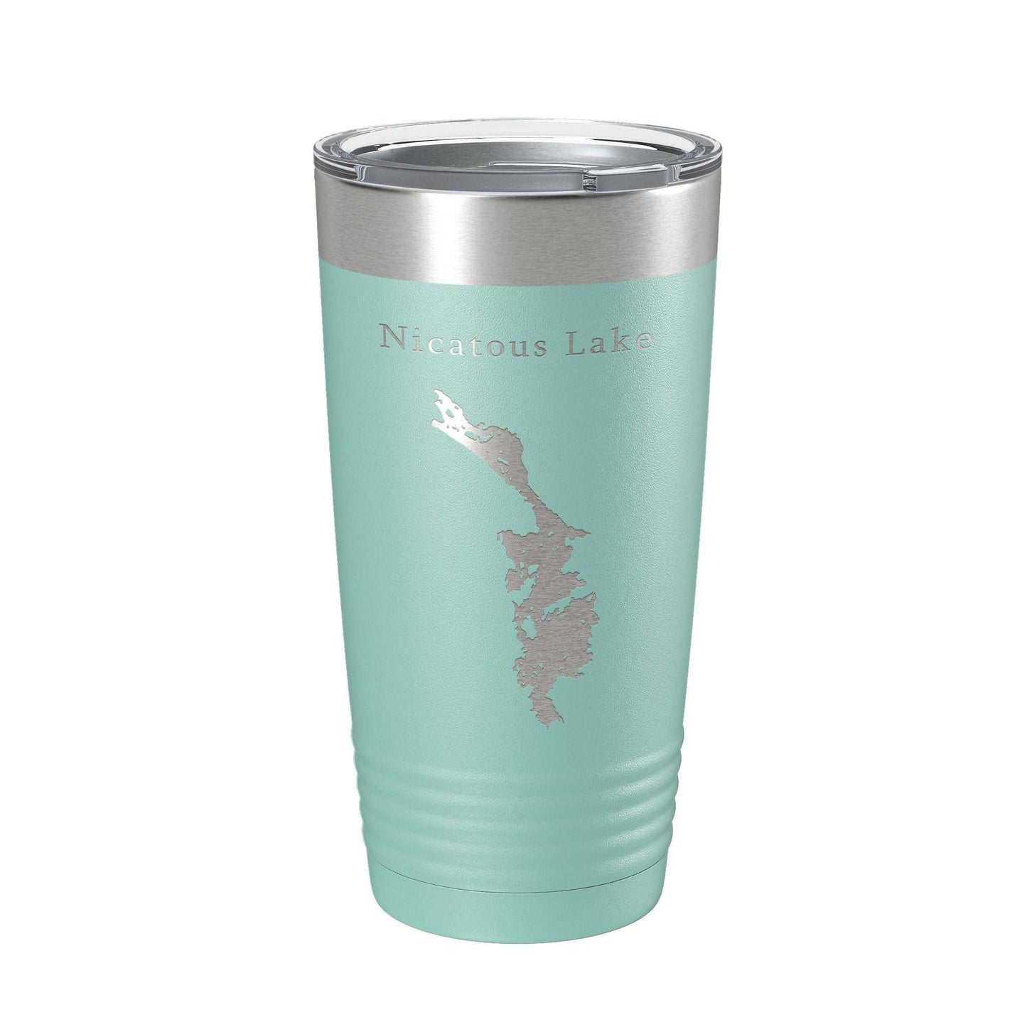 Nicatous Lake map laser engraved insulated travel tumbler mug with clear lid and stainless steel body in teal color, 20 oz capacity