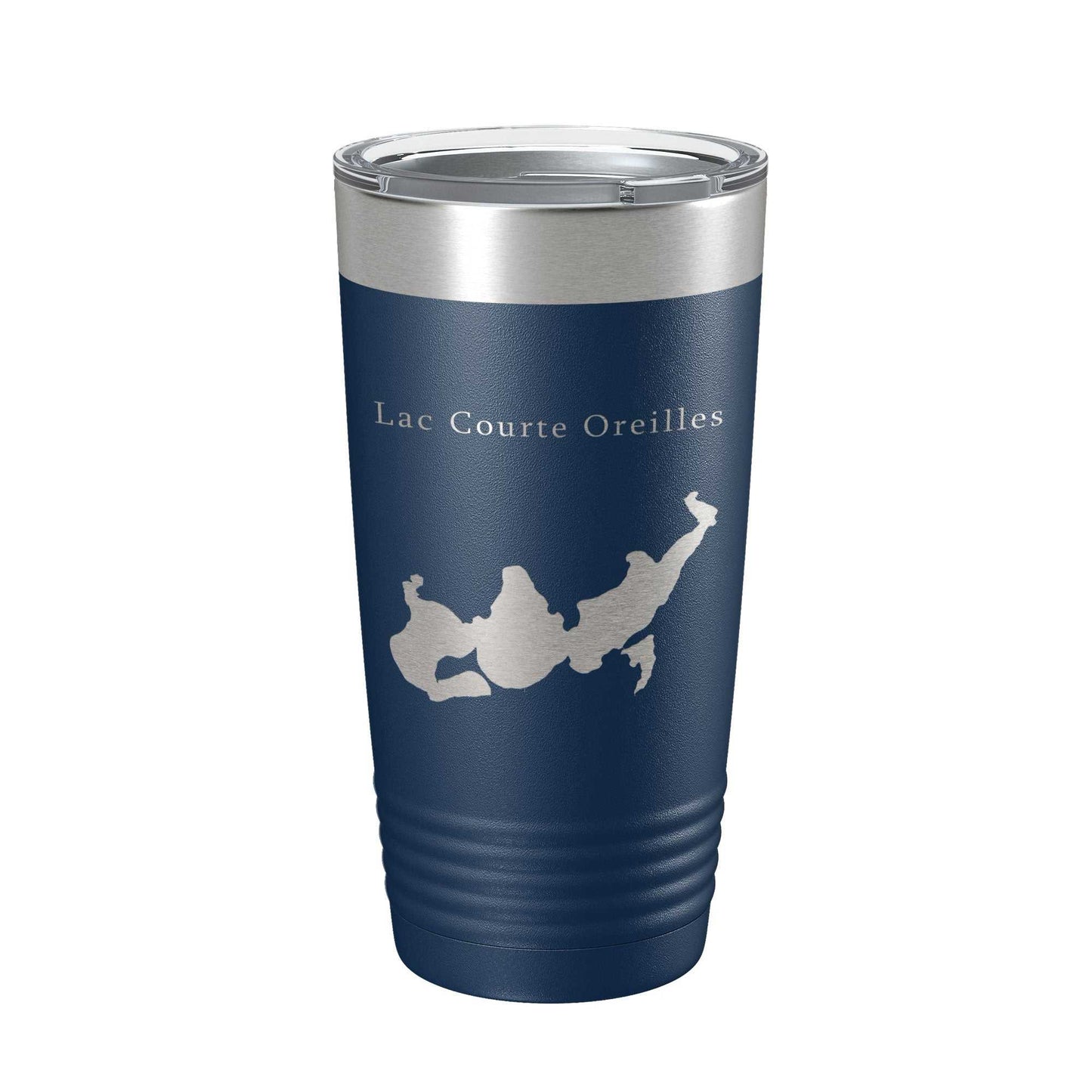 Lac Courte Oreilles Tumbler with laser-engraved lake map, navy blue insulated stainless steel travel mug, 20 oz capacity, clear lid with straw hole.