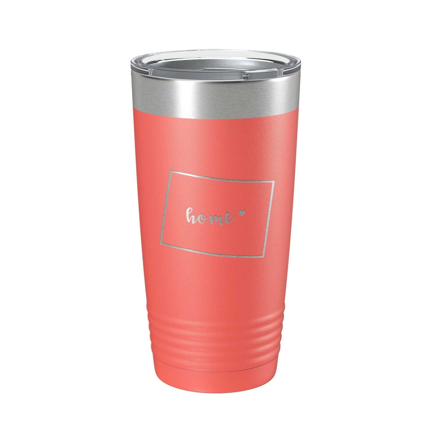 Coral Wyoming Tumbler Home State travel mug with laser etched map design, stainless steel, insulated 20 oz coffee cup