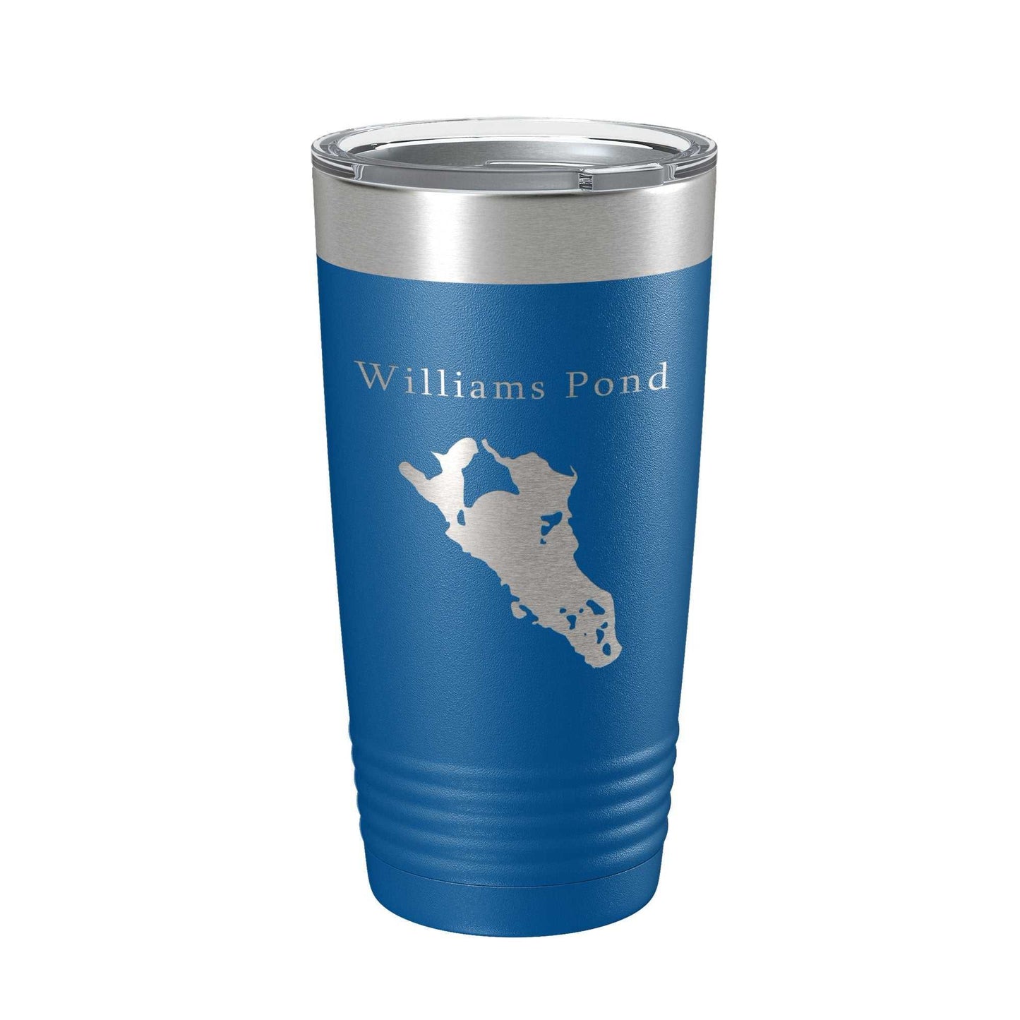 Williams Pond Tumbler blue insulated stainless steel travel mug with laser engraved lake map and clear lid, 20 oz capacity