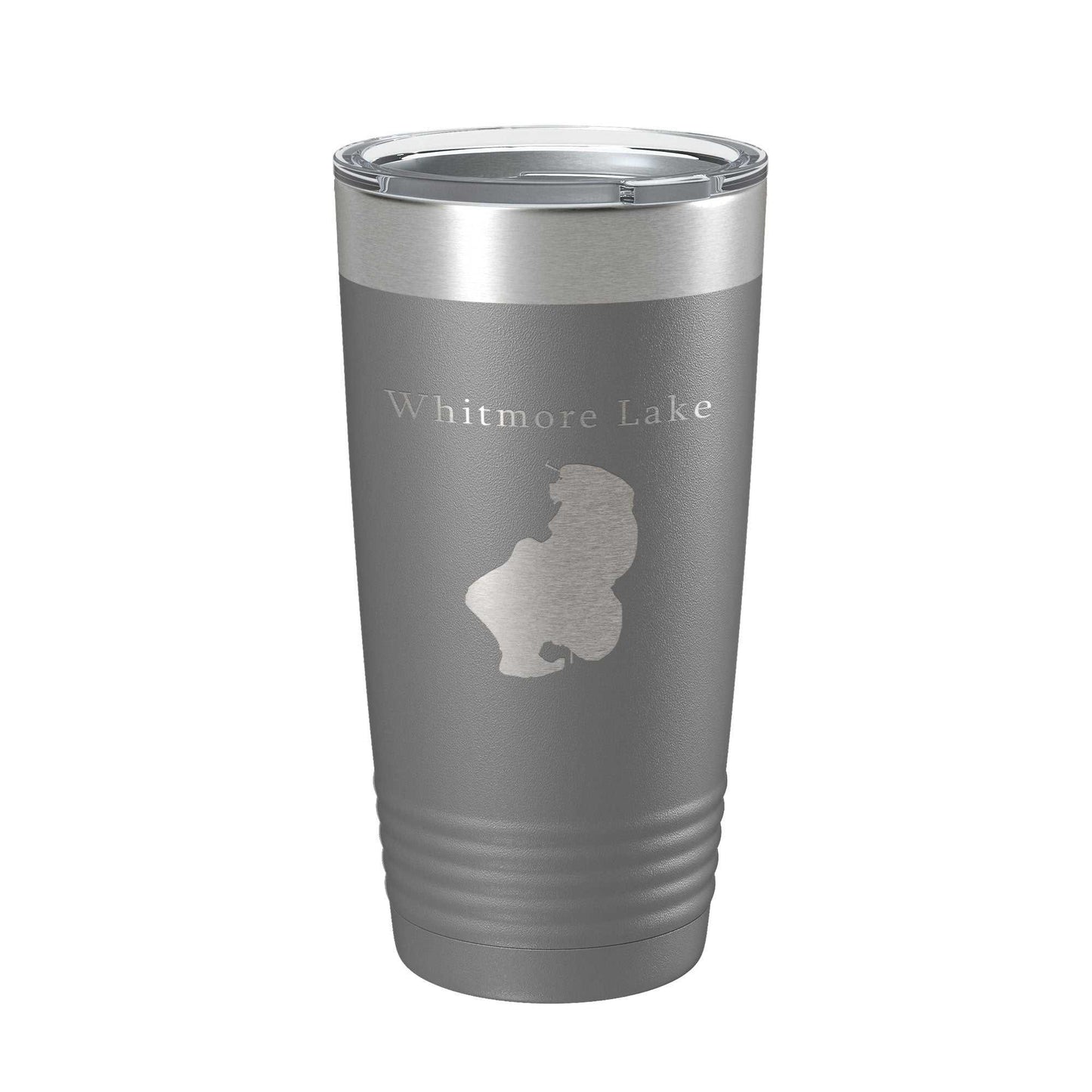 Whitmore Lake Map Tumbler travel mug in gray stainless steel with laser-etched lake design and clear lid, 20 oz insulated coffee cup.