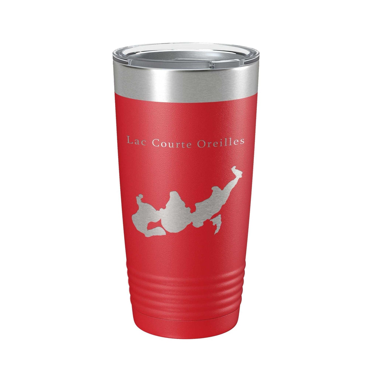 Red Lac Courte Oreilles Tumbler Lake Map travel mug with stainless steel rim and clear lid, double-wall insulated, 20 oz capacity