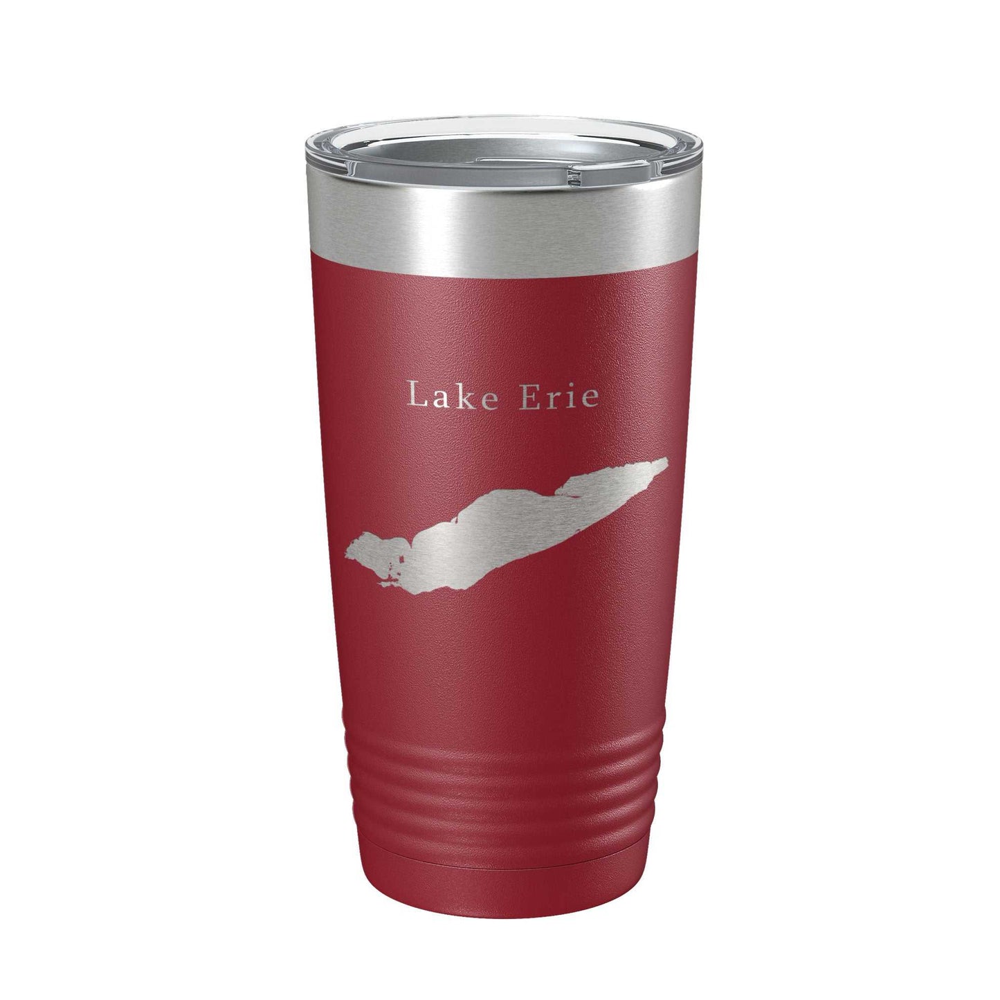 Red stainless steel travel tumbler with laser-engraved Lake Erie map and clear lid, insulated for hot and cold drinks, 20 oz capacity