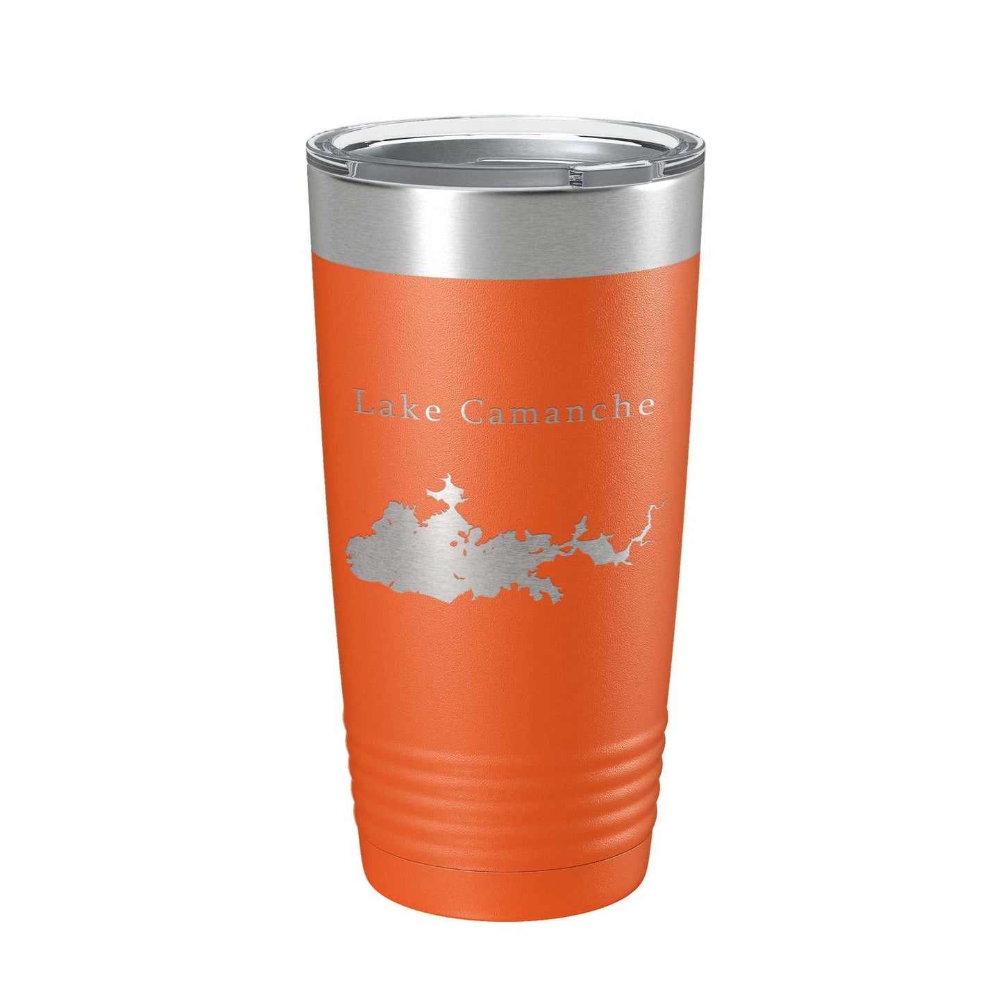 Orange insulated travel tumbler with Lake Camanche map laser engraved, 20 oz stainless steel coffee cup with clear lid and double-wall vacuum insulation.