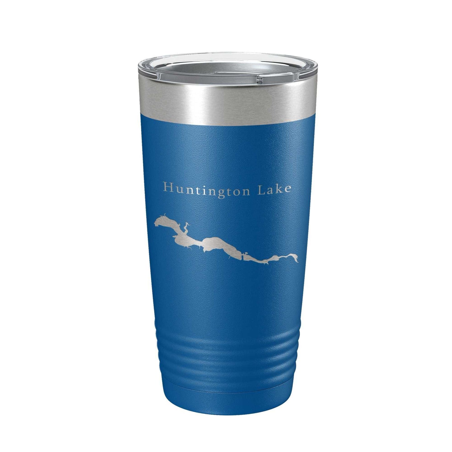 Blue Huntington Lake Map laser engraved insulated stainless steel travel tumbler with clear lid, 20 oz capacity