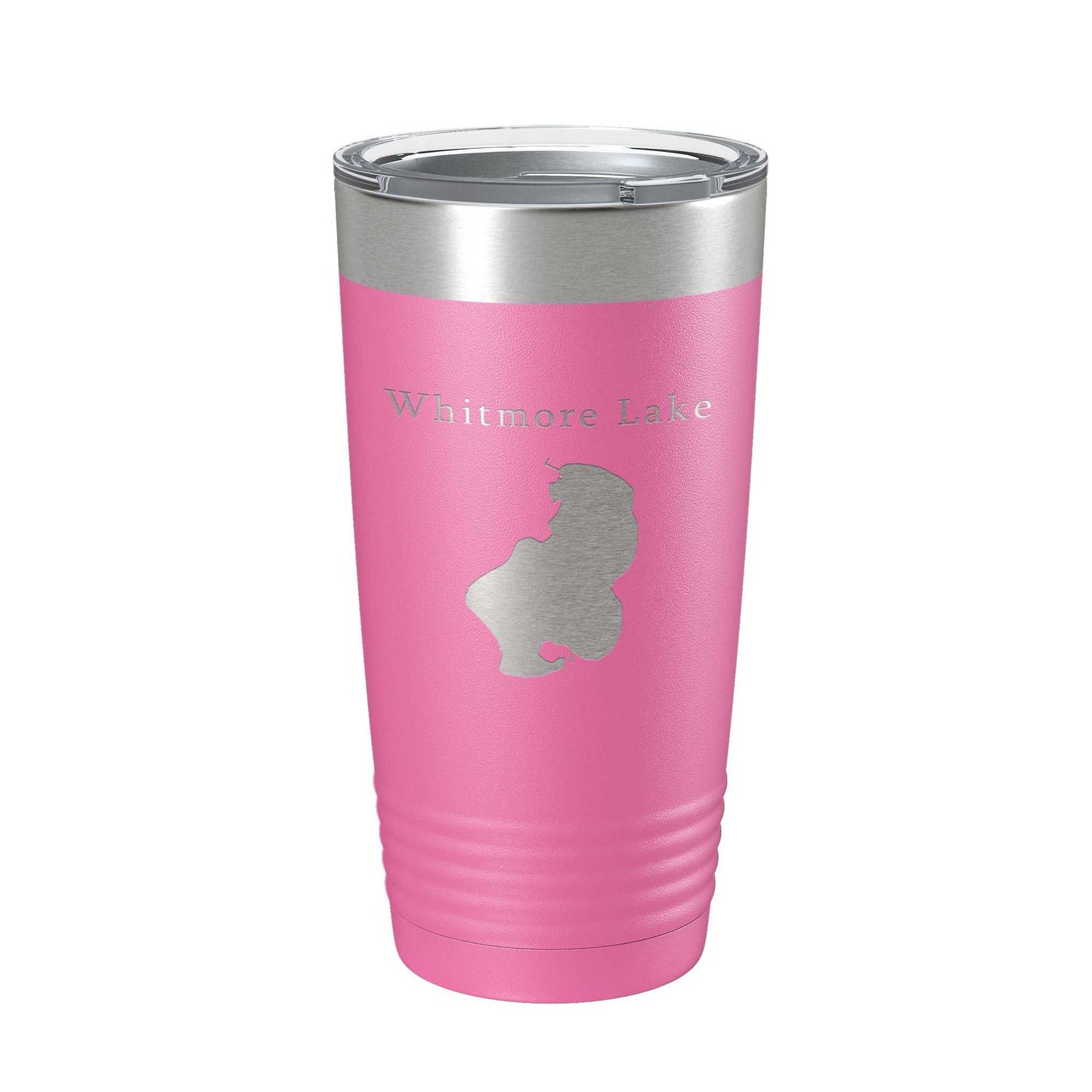 Pink Whitmore Lake Map Tumbler travel mug with laser engraved stainless steel design and clear lid, 20 oz insulated coffee cup