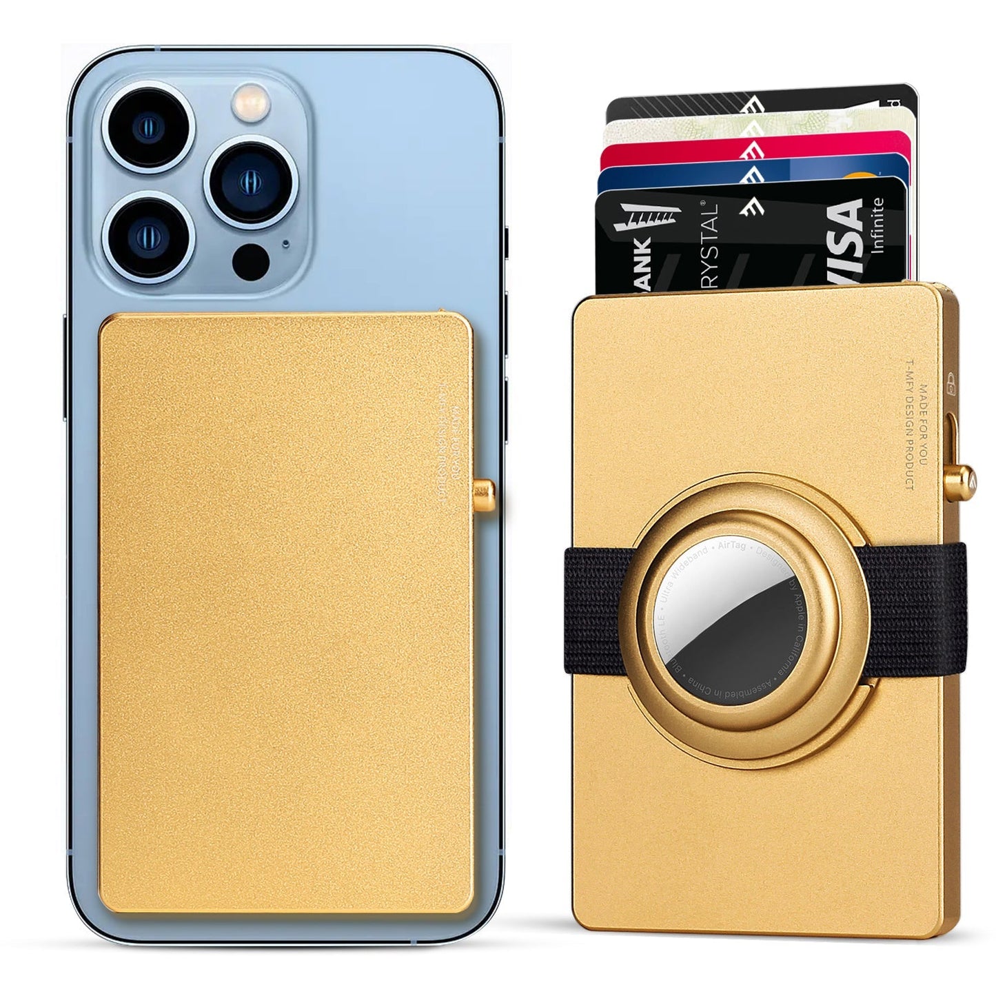 Gold all-aluminum pop up slide slim card holder wallet with RFID protection and AirTag holder attached to a smartphone with cards partially ejected.