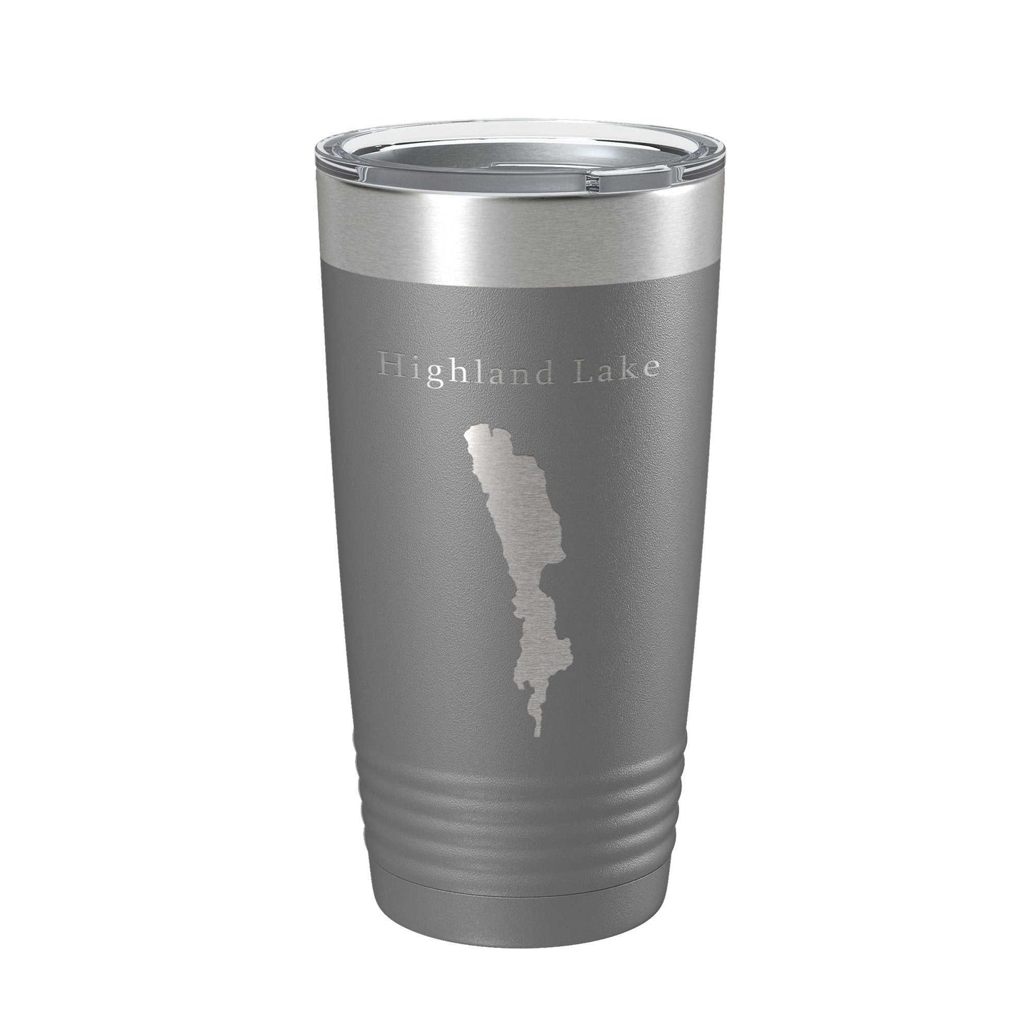 Highland Lake Map Tumbler travel mug with laser-etched stainless steel design, double-wall insulated, 20 oz capacity with clear lid.