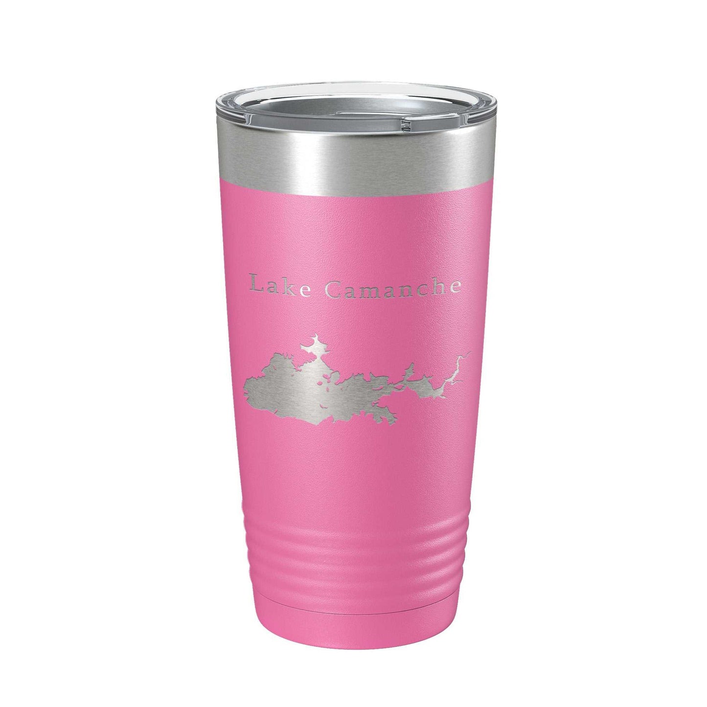 Pink Lake Camanche Map laser-engraved stainless steel insulated travel tumbler with clear lid, 20 oz capacity