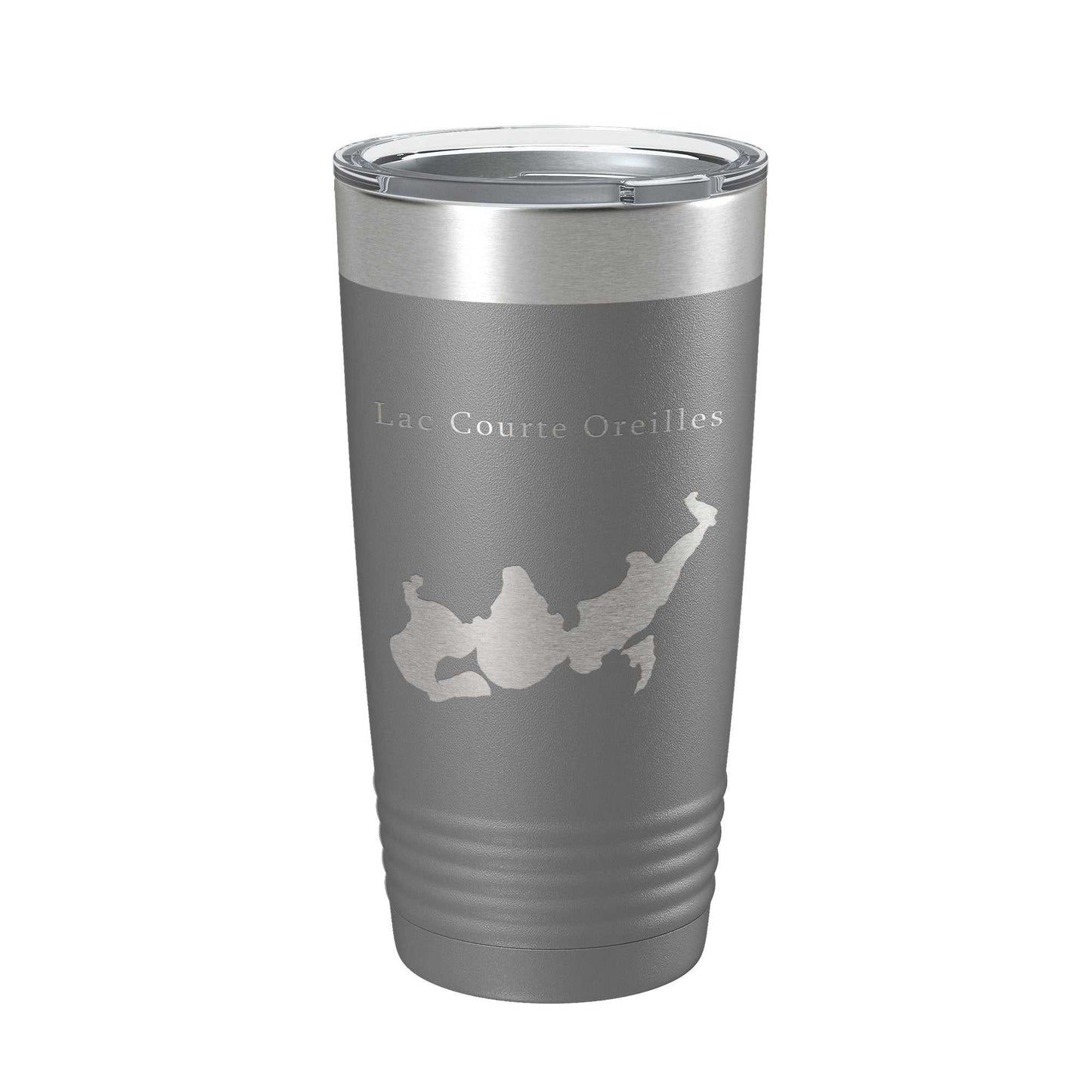 Lac Courte Oreilles Tumbler Lake Map insulated laser engraved 20 oz travel mug with clear lid and stainless steel double-wall vacuum insulation