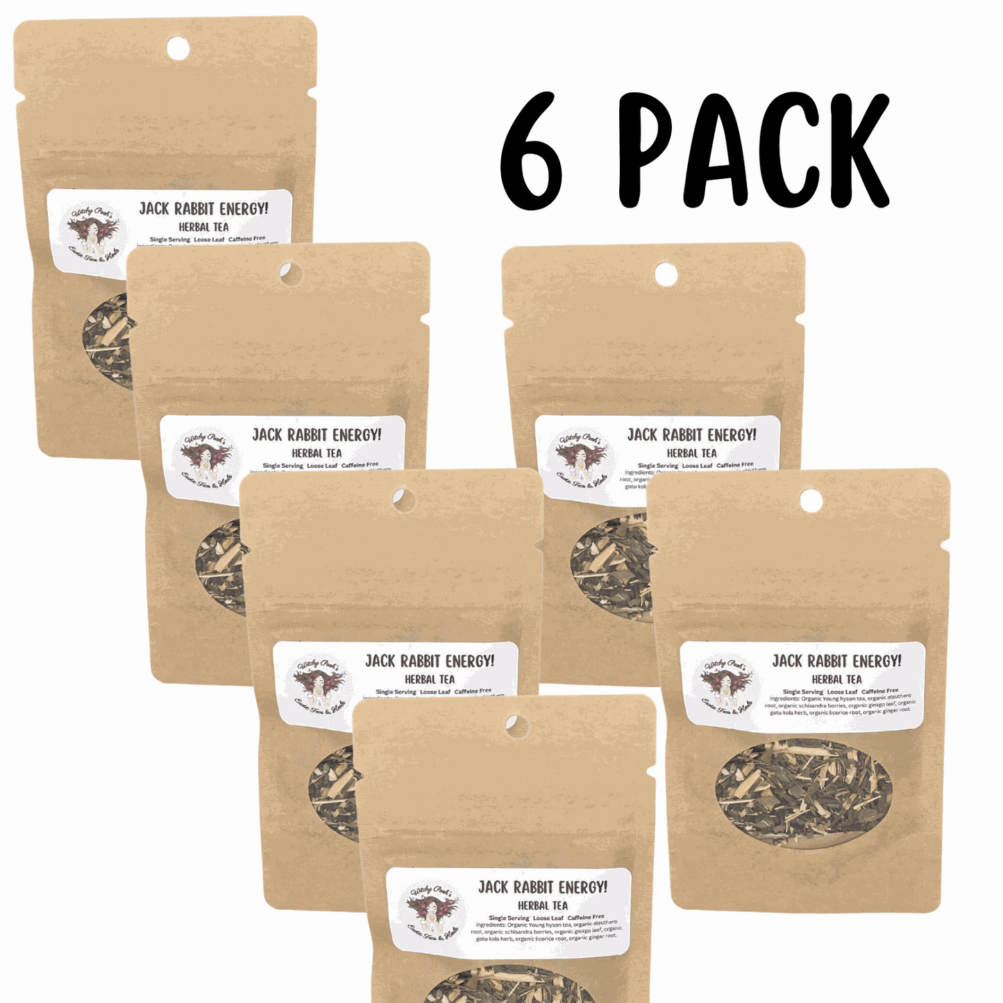 Six pack of Witchy Pooh's Jack Rabbit Energy loose leaf herbal tea in kraft paper resealable pouches, caffeine-free and sugar-free.