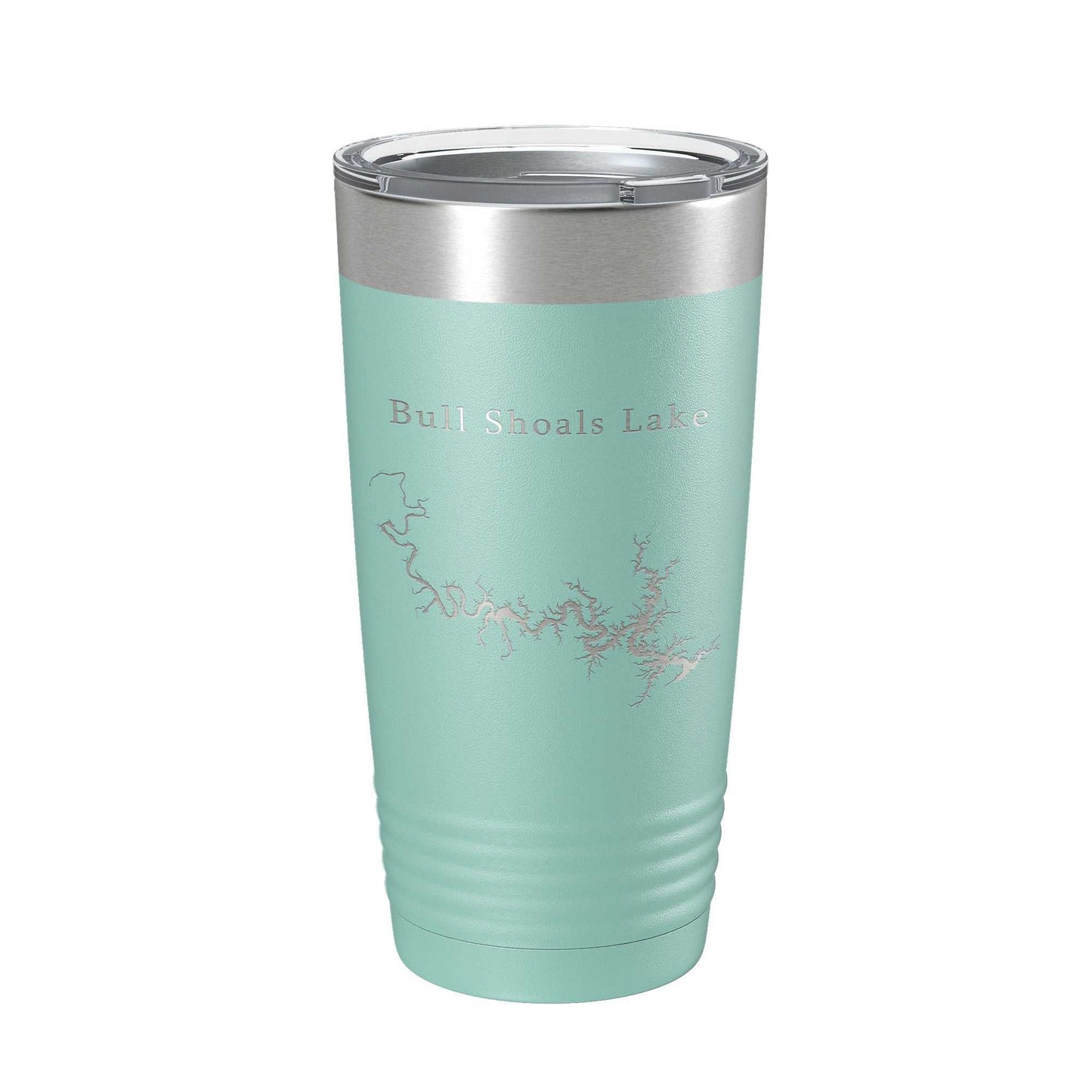 Bull Shoals Lake Map insulated stainless steel travel tumbler with laser-etched design and clear lid, 20 oz.