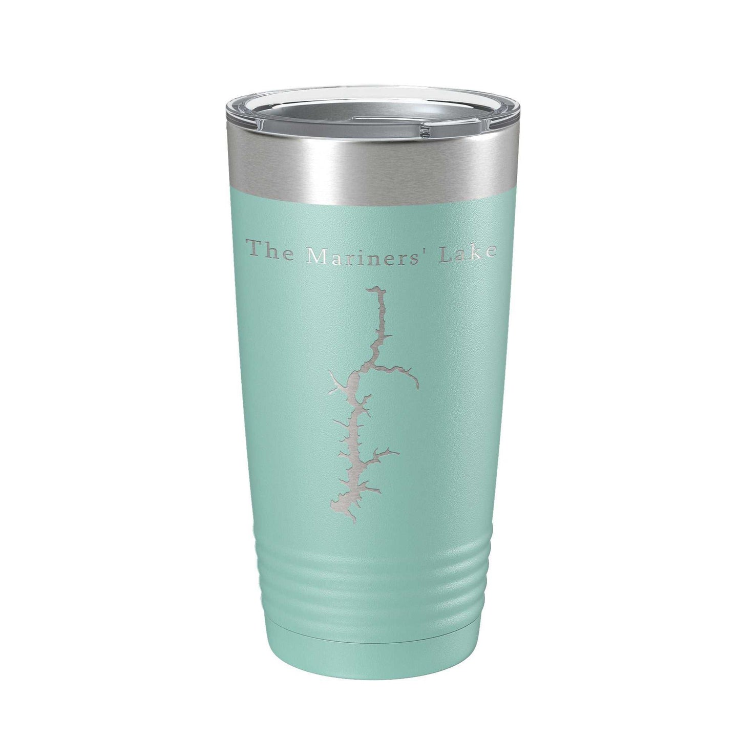 Mariners' Lake Map laser engraved insulated stainless steel travel tumbler with clear lid, 20 oz capacity, powder coat finish.