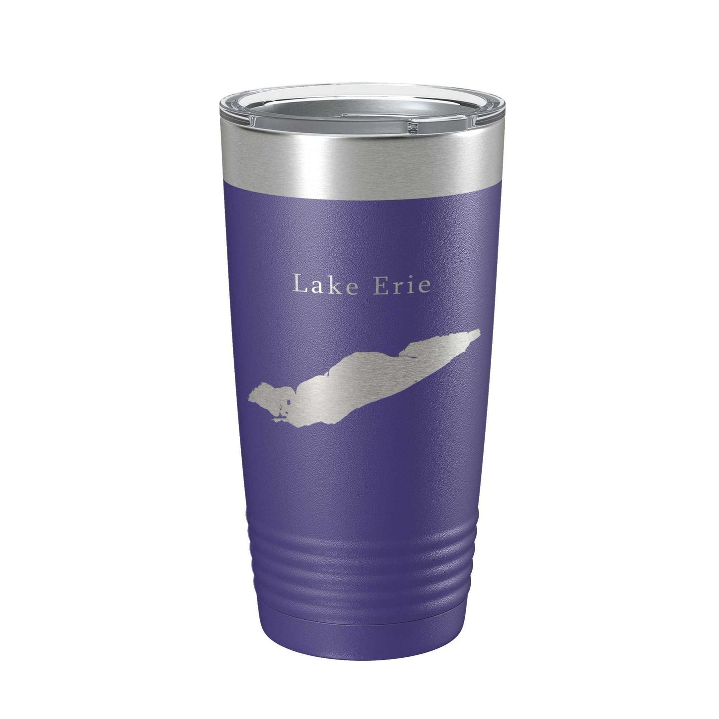 Purple stainless steel travel tumbler with laser engraved Lake Erie map and clear lid, insulated for hot and cold drinks, 20 oz capacity