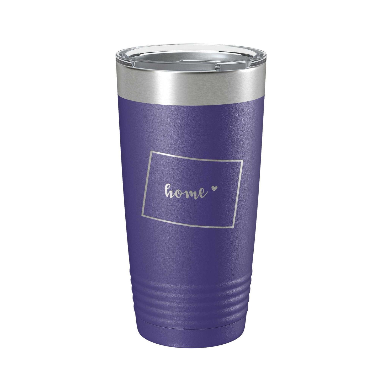 Purple Wyoming tumbler home state travel mug with laser-engraved map, double-wall insulated, clear lid, 20 oz capacity