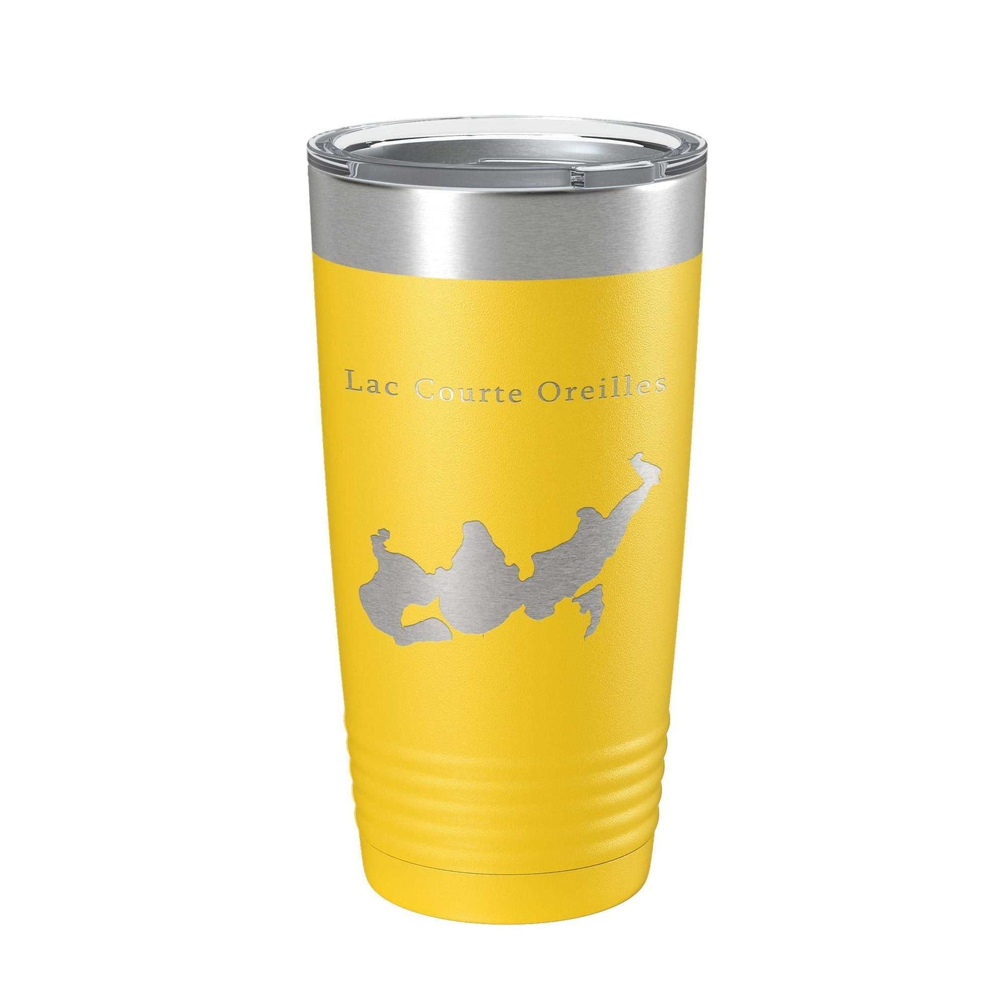 Yellow Lac Courte Oreilles Tumbler with laser-etched map, stainless steel insulated travel mug with clear lid and straw hole, 20 oz capacity.