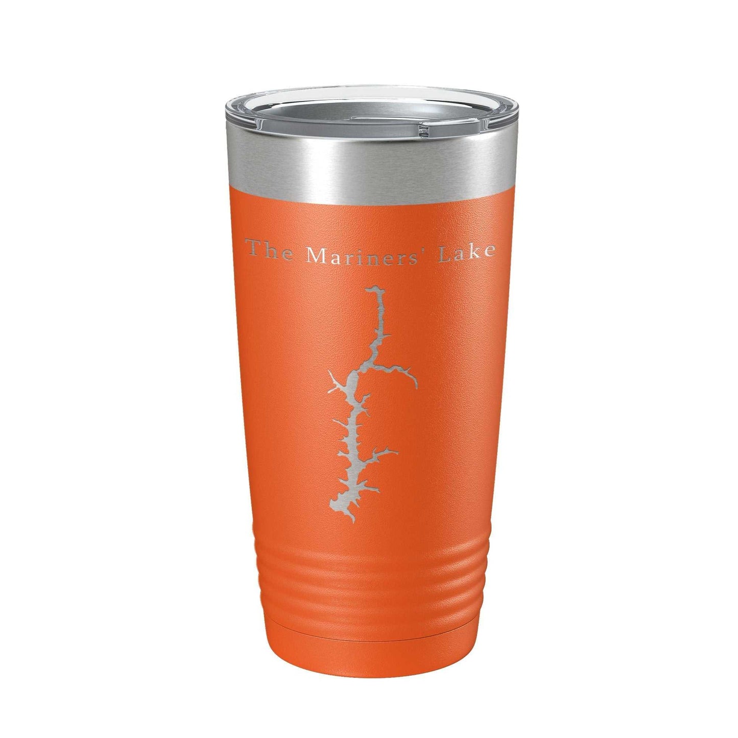 Orange Mariners' Lake Map insulated 20 oz stainless steel travel tumbler with clear lid and laser-etched design
