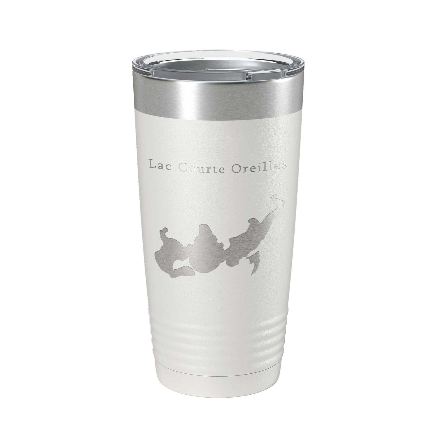 Lac Courte Oreilles insulated stainless steel travel tumbler with laser-etched lake map and clear lid, 20 oz capacity