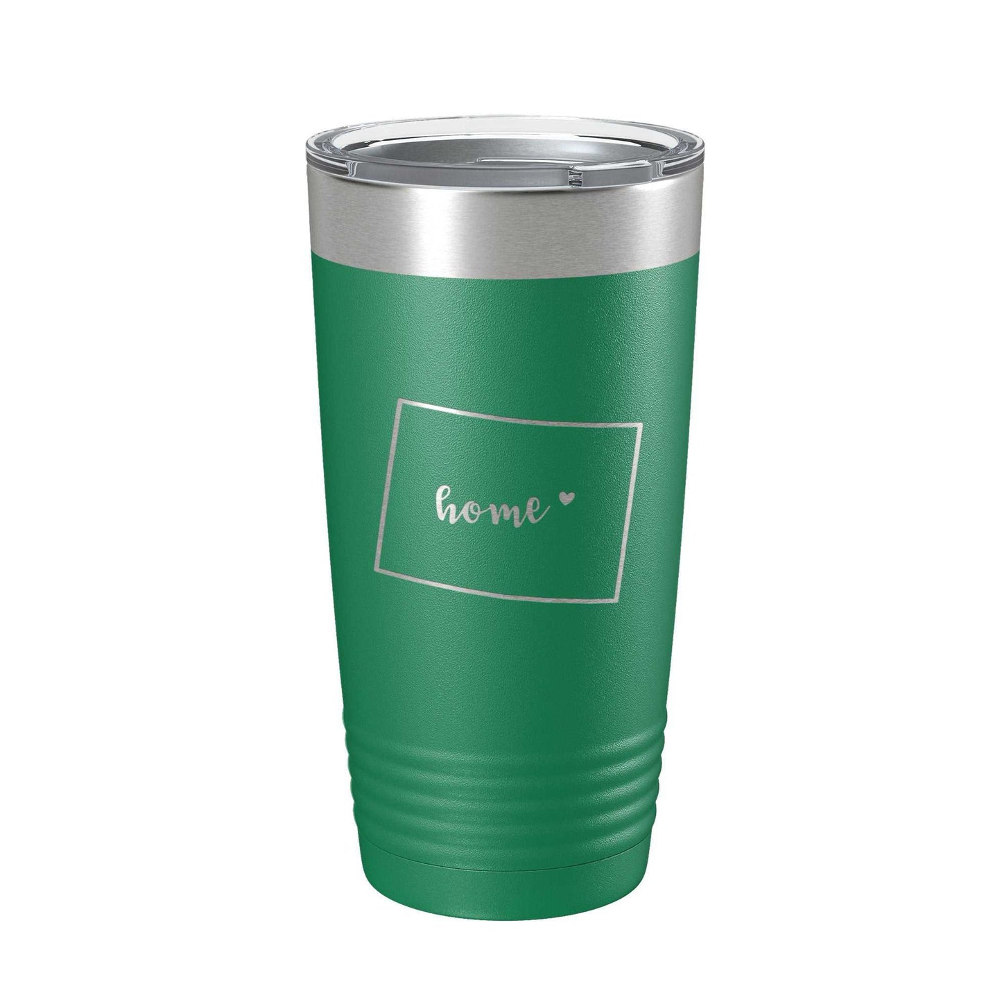 Green Wyoming Tumbler Home State travel mug with laser engraved map, insulated stainless steel, clear lid, 20 oz capacity