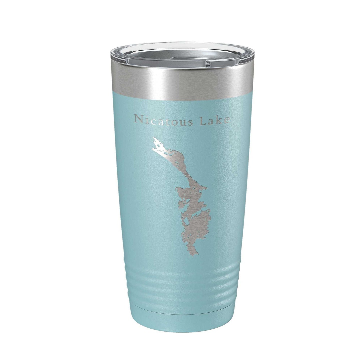 Blue stainless steel Nicatous Lake Map insulated travel tumbler with clear lid and laser engraved design