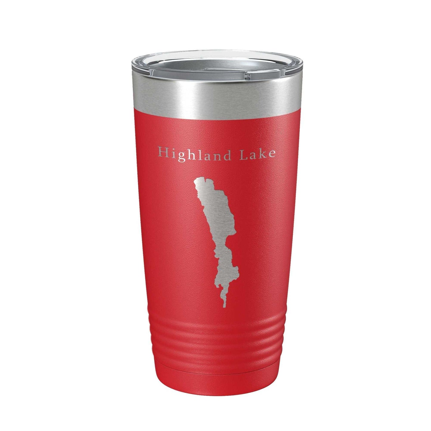 Red Highland Lake Map Tumbler travel mug with laser engraved design and clear lid, 20 oz insulated stainless steel cup