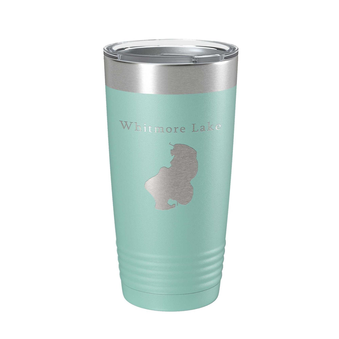 Whitmore Lake Map Tumbler travel mug in teal with laser-engraved Michigan lake design, stainless steel insulated 20 oz with clear lid