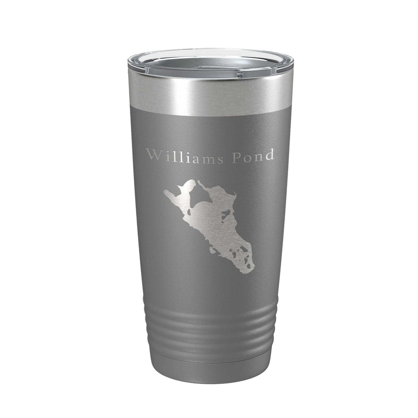 Williams Pond Tumbler insulated stainless steel travel mug with laser-etched lake map and clear lid, 20 oz capacity