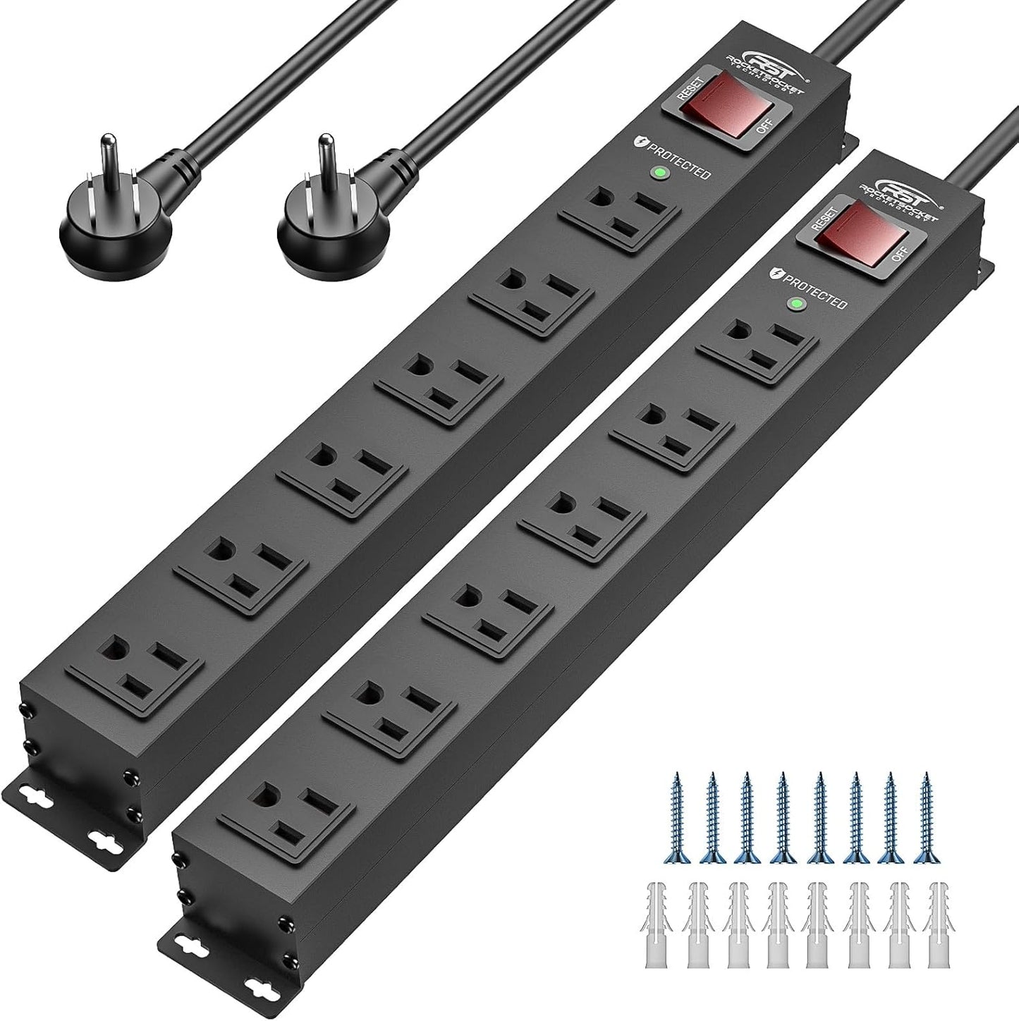 2PK wider spaced 6 outlet metal surge protector power strips with 6ft flat plug cords and mounting screws