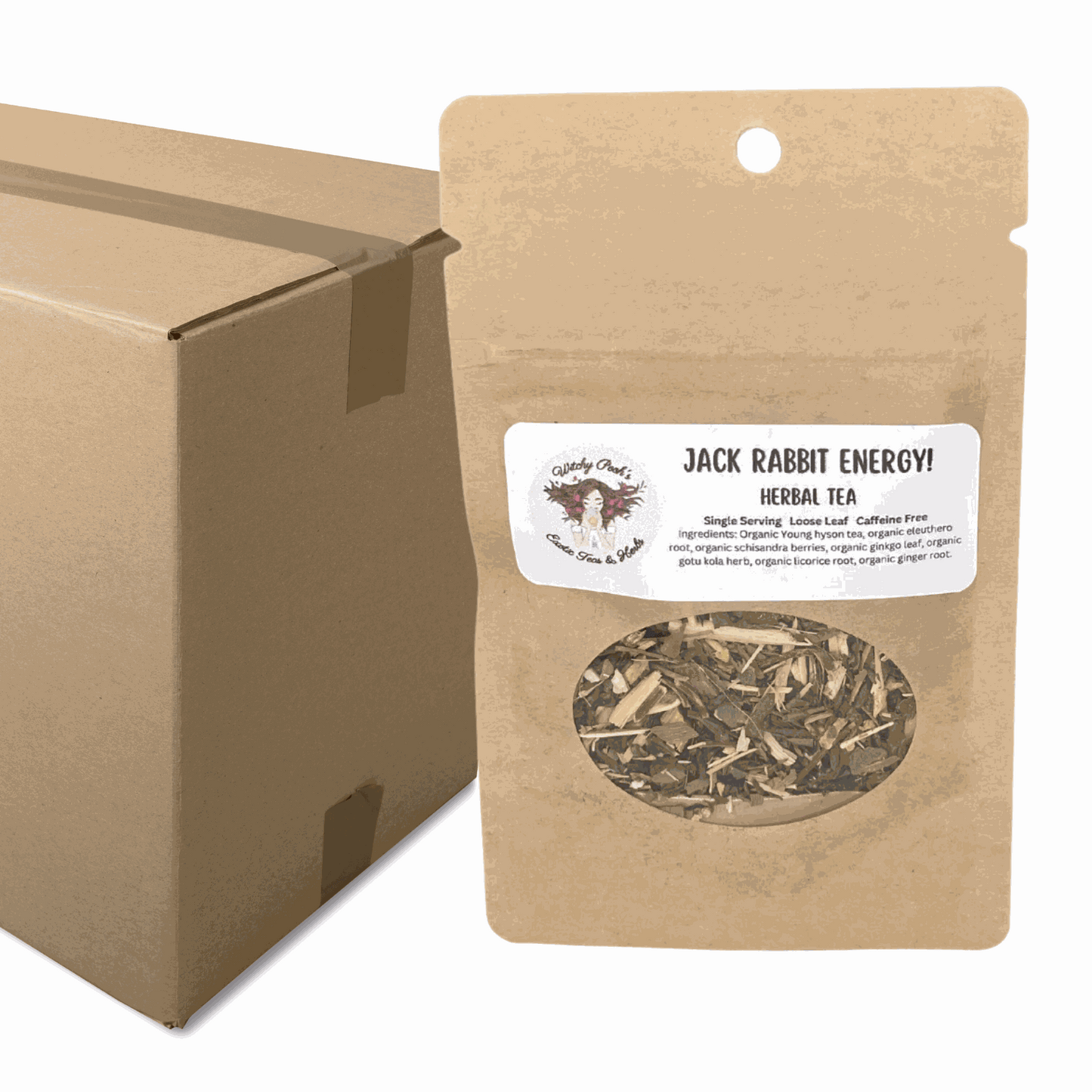 Witchy Pooh's Jack Rabbit Energy Tea loose leaf herbal tea in kraft paper pouch with viewing window and cardboard shipping box