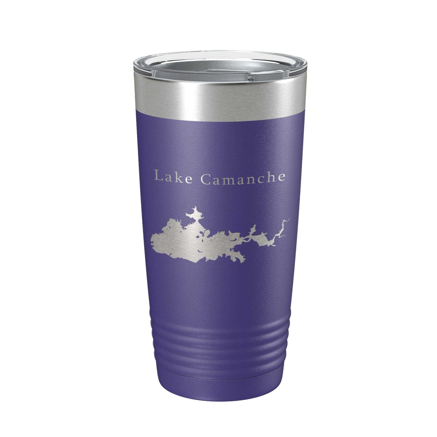 Purple insulated travel mug with Lake Camanche map laser engraved on stainless steel body and clear lid.