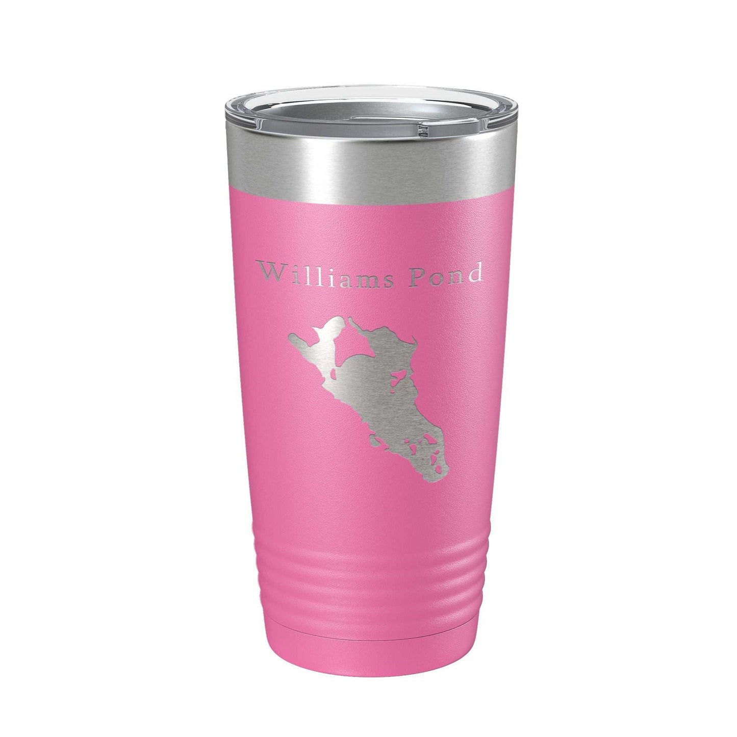 Pink Williams Pond Tumbler stainless steel insulated travel mug with laser engraved lake map and clear lid, 20 oz capacity