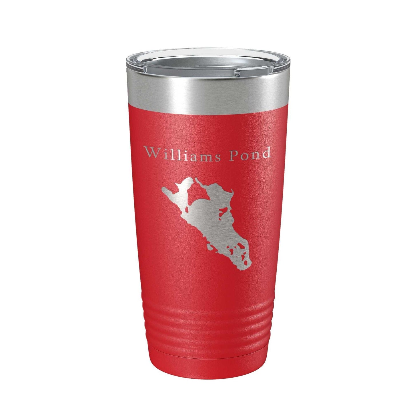 Red Williams Pond Tumbler travel mug with laser-engraved lake map, insulated stainless steel, clear lid, 20 oz capacity